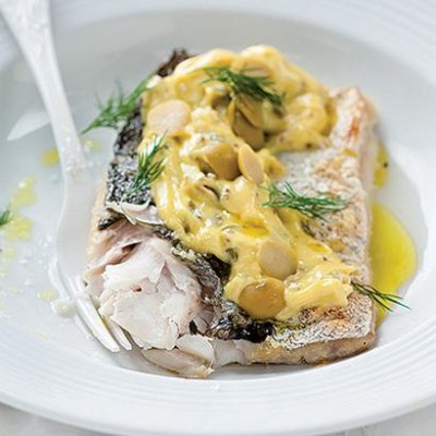 Grilled hake with green-olive mayonnaise