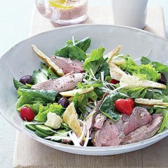 Grilled lamb and feta salad with sumac dressing and pitta croutons