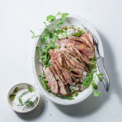 Grilled leg of lamb with minted yoghurt and fresh pea rice