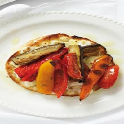 Grilled mediterranean vegetables on a cheese crust