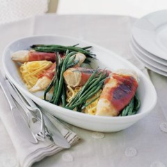 Grilled prosciutto-wrapped chicken with sage and grilled green beans