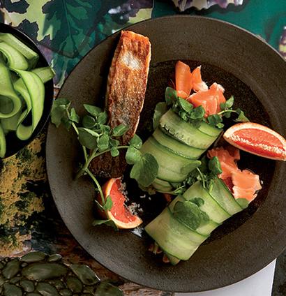 Grilled salmon wrapped in cucumber salad recipe | TASTE