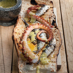 Grilled sardines with charred octopus and egg free garlic aioli flatbreads