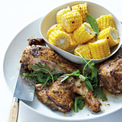 Grilled spiced flat roast chicken with marinated corn