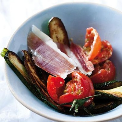 Grilled spring vegetables with serrano ham
