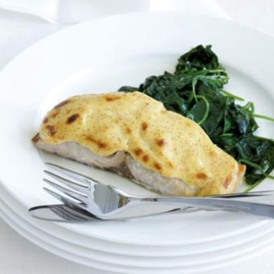 Grilled yellowtail with mustard sauce and roasted organic baby-leaf spinach