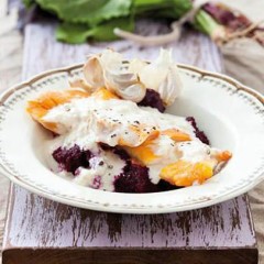 Haddock fillets with a beetroot puree and garlic cream