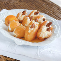 Honey apricots stuffed with chevin and toasted almonds