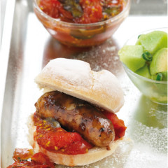 Hot dogs with tomato relish and melon salsa