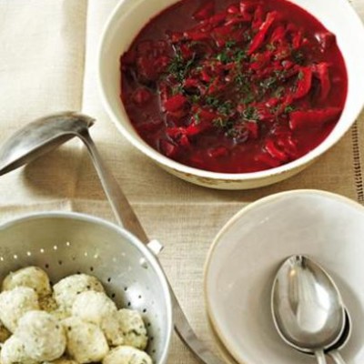 Hot roasted beetroot and red onion soup with dumplings