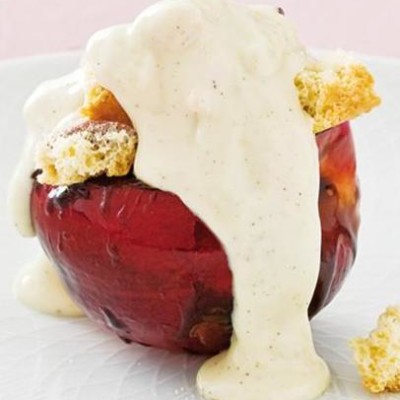 Juicy stone fruit baked in sticky balsamic blaze topped with crushed biscotti and organic white chocolate