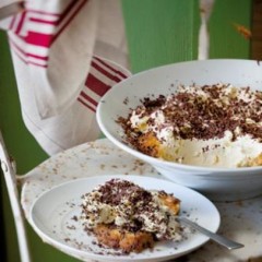 Kahlua-drenched tiramisu with mascarpone topped with delicate chocolate shavings