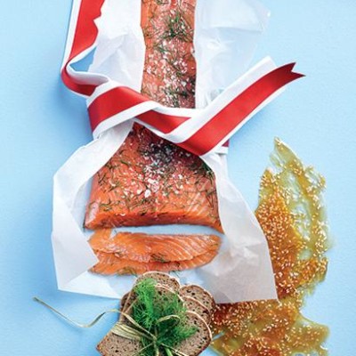 Lightly smoked trout with dill and sesame-seed brittle