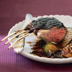 Liquorice-lacquered roasted lamb with brinjal crisps