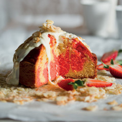 Marbled sponge cake with white chocolate ganache and rosewater candied almonds