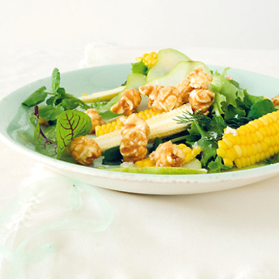 Micro-green salad with fresh pear, baby corn and caramelised popcorn