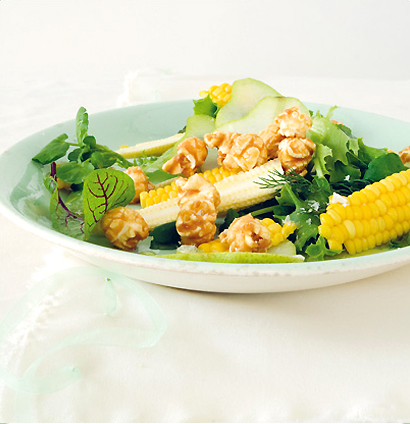 Micro-green salad with fresh pear, baby corn and caramelised popcorn | Woolworths TASTE