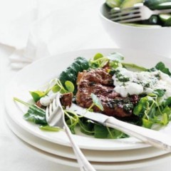 Mini lamb steaks with lemony greens and garlicky yoghurt