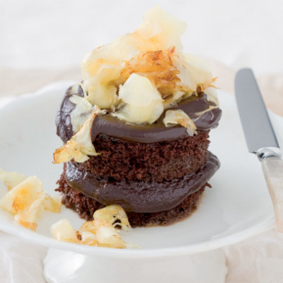 Moist chocolate sponge topped with candied parsnip curls