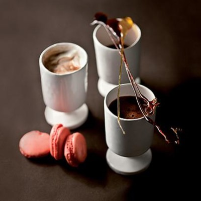 Molten hot chocolate with raspberry macaroons and caramel spoons
