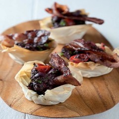 Olive and crispy bacon phyllo tartlets