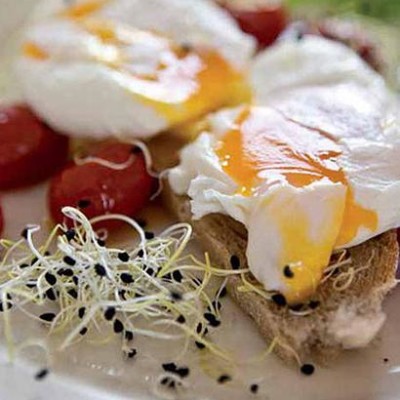 Onion sprouts with poached eggs