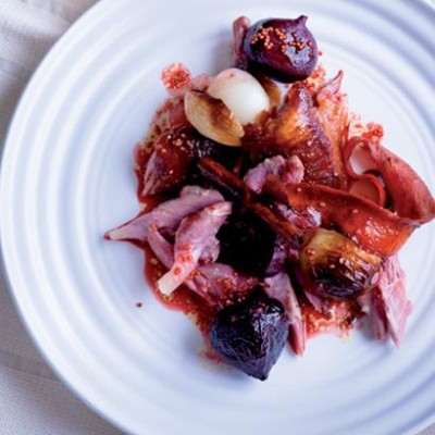 Orange spiced roast baby beets and onions with tender eisbein