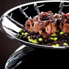 Organic black and edamame soya beans with freerange ribeye steak and red bean sauce