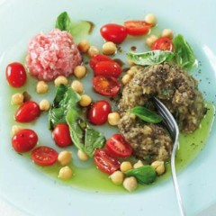 Organic brinjal salad, chickpeas, baby tomatoes and basil with tuna tartare