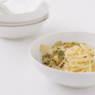 Organic spaghetti with brinjal caviar and Parmigiano reggiano