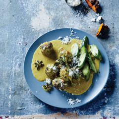 Ostrich meatballs in Burmese curry sauce with cucumber-and-coconut salad