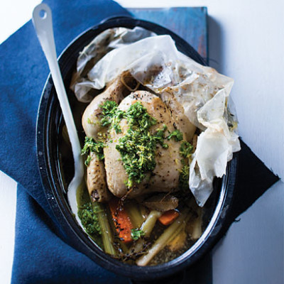 Oven-poached whole chicken and vegetables with celery lemon salsa