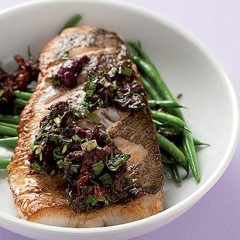 Pan-fried hake with olive tapenade
