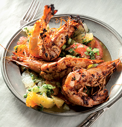 Pan-fried harissa prawns & citrus salsa recipe | TASTE