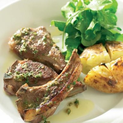 Pan-fried lamb rib chops with caper dressing and grilled smashed potatoes