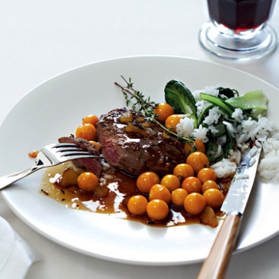 Pan-fried ostrich steaks with ginger and gooseberries
