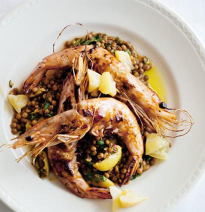 Pan-fried prawns on lentil salad | Woolworths TASTE