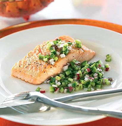 Pan-fried salmon steaks with cucumber-and-dill salsa | Woolworths TASTE