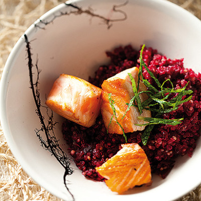 Pan-fried salmon with beetroot quinoa salad