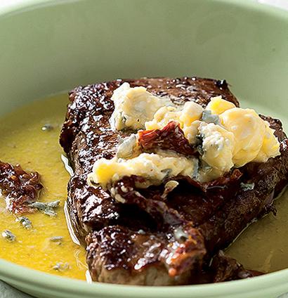 Pan-fried steaks with blue cheese and sun-dried-tomato butter