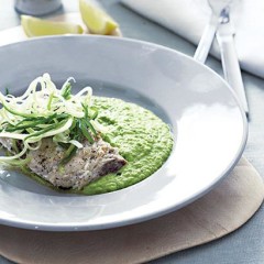 Pan-grilled fish with pea-and-mint puree