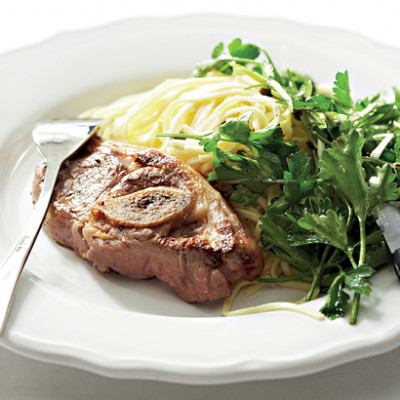 Pan-grilled lamb chops with whole-herb salsa verde and fresh pasta