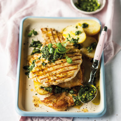 Pan-grilled smashed chicken fillets with green herb sauce