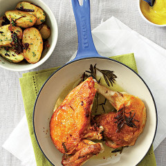 Pan-roasted chicken portions with crusty potato salad