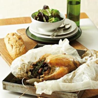Paper-wrapped roast chicken