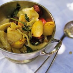 Pappardelle pasta with panfried pears, chorizo and sage cream
