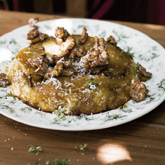 Parmesan pear tarte tatin with walnut clusters