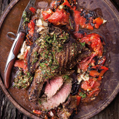 Parrilla-style aged T-bone with chimichurri and roast red pepper-and-tomato salsa