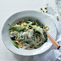 Pasta and greens with herb-and-goat's cheese pesto
