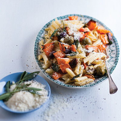 Pasta with creamy pumpkin sauce and olives
